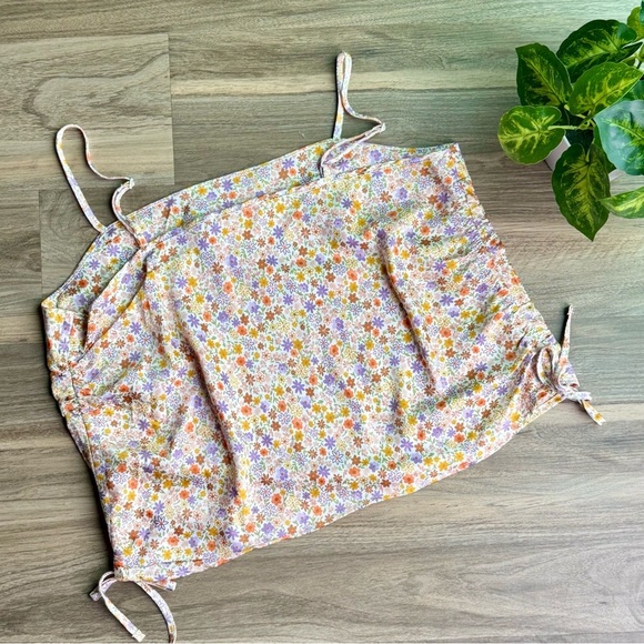 Pink Rose Floral Print Side Tie Ruched Camisole Top Multicolor Size L - Picture 9 of 13